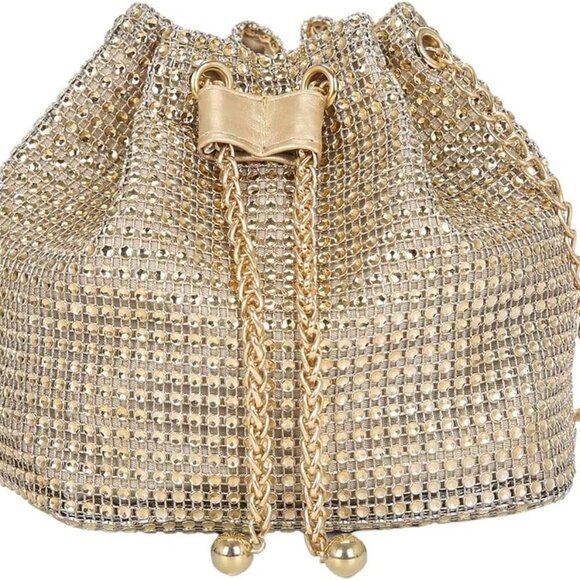 Women's Rhinestone PVC Crossbody Purse Mini Drawstring Bucket Bag for Evening - Picture 1 of 6